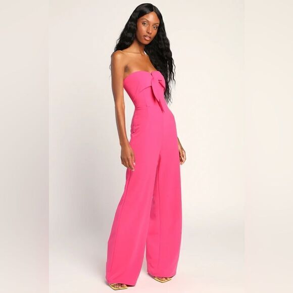 Lulus Ready to Impress Hot Pink Strapless Tie-Front Wide-Leg Jumpsuit Size XS - Picture 3 of 4